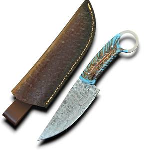 Couteau à lame fixe en acier Damas fait main, pointe tombante, pour camping, chasse, pêche, dépecage, manche en résine de pin, OEM, faibles MOQ - Product Image 1
