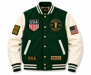 Green Letterman <b>Leather</b> Bomber Varsity College Baseball <b>Jacket</b> Windproof Breathable Winter Zipper Closure Casual Stand <b>Men's</b> - Product Image 2