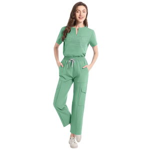 Ensemble de blouses médicales pour femmes, col en V, manches courtes, avec poches, vert, coton et polyester, uniformes d'hôpital, design personnalisé - Product Image 1
