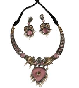 Conjunto de Collar y Pendientes de Novia con Piedra Rosa Monalisa, Bisel de Plata Oxidada y Oro de Dos Tonos, Perlas Colgantes, Estilo Bohemio, Corazón Étnico - Product Image 1