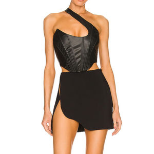 Corset en cuir de mouton pour femme, motif uni, débardeur court en cuir décontracté avec tissu tissé, prix de gros abordable - Product Image 4