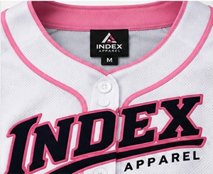 Camiseta de Béisbol para Mujer Index Apparel, Blanca y Rosa, Cuello en V, Manga Corta, Cierre de Botones, Ajustada, con Estampado Sublimado 23 - Product Image 6