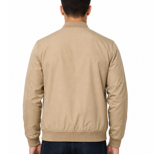 Blouson Bomber Premium Homme Kaki Beige Uni avec Bordure Côtelée, Fermeture Éclair Intégrale, Décontracté, Léger, Coupe Ajustée - Product Image 4