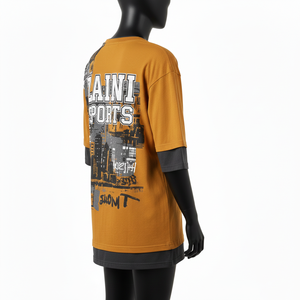 T-shirt surdimensionné double couche en coton riche pour femme, couleur moutarde, avec ourlet personnalisé et logo thermocollé - Product Image 5