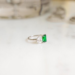 925 Sterling <b>Silver</b> Pear Cut Lab Grown Diamond & <b>Emerald</b> Bezel Setting Classic Women's Engagement Eternity Band Gemstone <b>Ring</b> - Product Image 3