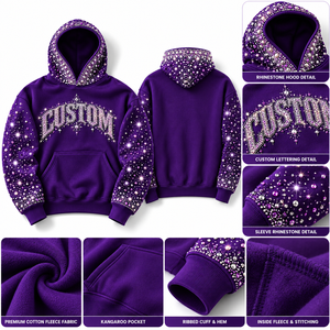 Sweat-shirt à capuche Y2K Glam violet scintillant, streetwear, pull avec accents de cristaux, manches ornées, logo personnalisé, hoodie B2B US - Product Image 5