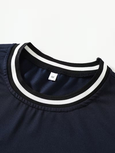 Men's Navy Blue O-Neck Short Sleeve T-Shirt Slim Fit Contrast Trim Knitted Casual Solid Color - Product Image 5