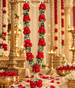 Guirlande de mariage indienne faite à la main en vrac, avec des roses rouges artificielles et des accents élégants de perles, pour la cérémonie de Jaimala du marié et de la mariée - Product Image 3