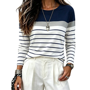 Camiseta informal de manga larga a rayas para mujer, camisa de uso diario suave y cómoda con cuello redondo, ropa de moda para primavera y otoño, elegante y sencilla - Product Image 1