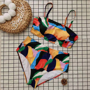 Geometric Print Bikini <b>Set</b> <b>Square</b> Neck High Waist Spandex Polyester Two Piece Swimwear - Product Image 2