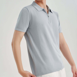 Men's Beige Short Sleeve Oxford Polo Shirt Zipper Casual Regular Fit Solid Color Woven Fabric - Product Image 3