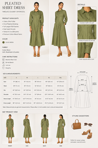Robe chemise plissée vert olive pour femme |   Robe midi décontractée à manches longues et col, en mélange de coton, style A-line, pour le travail ou les loisirs - Product Image 2