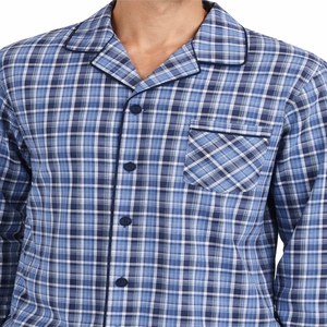 Pyjama d'été décontracté pour homme, respirant, confortable, anti-plis, écologique, ensemble 2 pièces à manches longues à carreaux bleus - Product Image 6