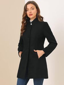 Manteau long en laine noir pour femme, col cranté, simple boutonnage, décontracté, pour l'automne - Product Image 3
