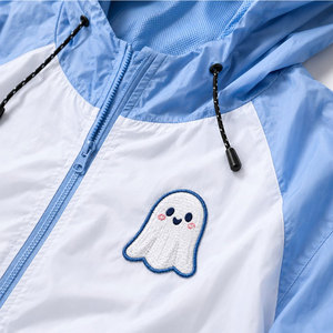 Boys Blue White Ghost Print Hooded Tracksuit <b>Set</b> Casual Spring Lightweight Polyester Jacket Shorts With Zipper And Pockets - Product Image 6