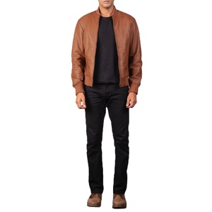 Blouson en cuir matelassé brun tan, veste bomber en cuir véritable de mouton avec col universitaire et poignets en tricot côtelé, écologique - Product Image 1