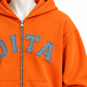<b>Orange</b> <b>Mens</b> Zip Front <b>Hoodie</b> Chenille Letter Applique Heavyweight Fleece Oversized Casual Streetwear Sweatshirt with Kangaroo - Product Image 6