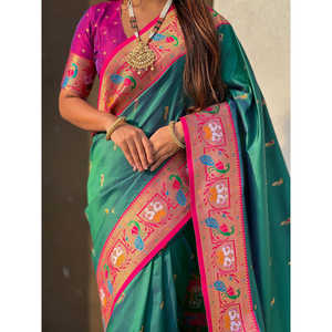 Green Soft Silk Swan Rajhans Paithani Saree 650g Elite Weaves <b>Indian</b> & <b>Pakistani</b> <b>Clothing</b> - Product Image 2