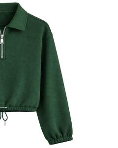 Sudadera Corta Verde Personalizada para Mujer con Cierre de Cremallera, Estilo Casual, con Cordón Ajustable en el Bajo, de Felpa Suave, Algodón y Poliéster, para Invierno - Product Image 3
