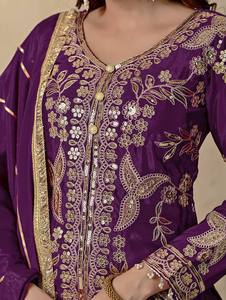 Ensemble Salwar Kameez pakistanais brodé violet de luxe pour femmes, Kurta Sharara Dupatta, tenue de fête de mariage, costume ethnique - Product Image 5
