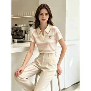 Camiseta Polo a Rayas para Mujer, Manga Corta, Color Rosa, Transpirable, Informal, con Logotipo Estampado por Transferencia Térmica en la Parte Delantera, Tejido de Punto - Product Image 2