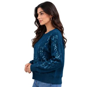 Pull en maille à sequins bleu océan profond pour femme, col rond, manches longues, effet scintillant, coupe décontractée, pull décontracté d'hiver, tendance - Product Image 2