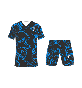Custom sublimated <b>soccer</b> uniform set for men with black and vibrant blue marble swirl pattern print jersey and matching shorts - Product Image 2