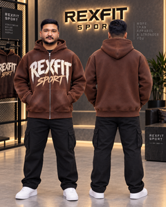 Mens <b>Brown</b> Full Zip Hoodie Brush Graphic Heavyweight 370g <b>Fleece</b> Streetwear Jacket Regular Fit Winter Custom OEM Wholesale - Product Image 2