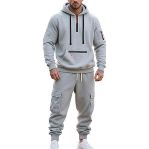 Ensemble de survêtement cargo pour homme, style hip-hop, 100% coton molletonné, séchage rapide, avec fermeture éclair quart de tour, pantalon jogger cargo et capuche patchwork, nouvelle collection hiver - Product Image 1