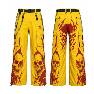 Pantalon cargo ample jaune pour homme, style gothique punk, imprimé crâne, avec ceinture chaîne et cordon de serrage – Nouvelle collection - Product Image 1