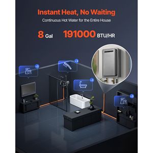 Scaldabagno a propano istantaneo intelligente da 8 galloni per esterni, 191000 BTU, acqua calda immediata, ingresso NPT da 3/4 di pollice per camper e gas GPL - Product Image 2
