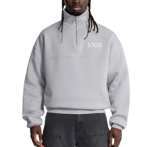 Sweat-shirt gris à col zippé personnalisé avec logo pour homme, en molleton épais 450 g/m², coupe oversize à épaules tombantes, type pull ou à capuche - Product Image 1