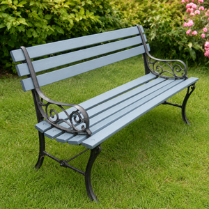 Blue Gray Wooden Garden <b>Bench</b> Dark <b>Metal</b> Scroll Arm Outdoor Patio Lawn Park Seating Decorative Furniture Premium Style - Product Image 3