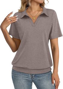 Polo de punto de manga corta rosa liso para mujer, de longitud regular, teñido liso, camiseta polo de moda, OEM ODM - Product Image 5