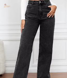 Jeans de mezclilla rectos para mujer, personalizados al por mayor, de cintura media, transpirables, con parches de puntos y lavado claro/oscuro - Product Image 1