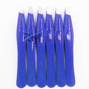 Pinza para cejas RMI de color azul oscuro con brillo y punta plateada, pinza de acero inoxidable con punta angular. - Product Image 1