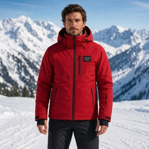 Veste de ski à capuche rouge pour homme, imperméable, fermeture éclair, logo personnalisé sur le devant, isolation synthétique, vêtements d'extérieur - Product Image 1