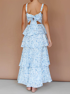 Elegante Vestido Maxi Azul con Estampado Floral, Cuello Cuadrado, Sin Mangas, Tela Ligera y Transpirable, con Volantes, para Mujer - Product Image 4