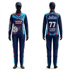 Traje de entrenamiento de voleibol premium para mujer, 220 GSM, poliéster y spandex, azul marino, rojo, cian, panel con logo sublimado - Product Image 5