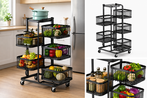 Chariot de rangement de cuisine en métal peu encombrant, 5 niveaux, étagère pliable mobile avec paniers, montage facile EDPRMS000 - Product Image 2