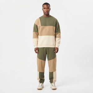 Ensemble sweat-shirt et pantalon de survêtement pour homme, col rond, couleurs contrastées, vert beige, streetwear décontracté, vêtements assortis, logo personnalisé - Product Image 1
