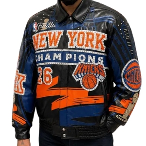 Chaqueta de Cuero para Hombre, Talla XS, de Piel de Vaca, Estilo Estándar, Campeones de las Finales de Baloncesto de Nueva York, Venta al Por Mayor |   Negro Azul Naranja para Hombre - Product Image 1