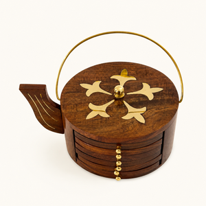 Ensemble bouilloire et sous-verres |   Support léger en bois de palissandre indien pour sous-verres |   Ensemble cadeau de décoration de table à thé artisanal de luxe - Product Image 1
