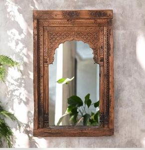 Traditional and bold, this rich brown wooden mirror displays a lattice-topped <b>arch</b> <b>frame</b> available at wholesale prices. - Product Image 3