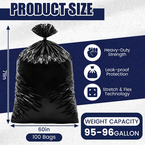 TH GB-012 95-96 Gallon Heavy Duty Trash Bags <b>Extra</b> <b>Large</b> Black Garbage Can Liners for Luxury Hotel, Resorts & Shopping Malls - Product Image 2