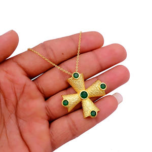 Natural Multi Green Onyx Gemstone Texture Pendant Necklace - Gold Plated <b>Cross</b> Adjustable <b>Chain</b> Jewelry For Her - Product Image 3