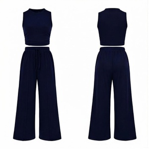 Ensemble de yoga bleu marine 2 pièces : Crop top et pantalon large taille haute avec cordon de serrage, couleur unie, en Spandex et Coton, Vêtements de sport - Product Image 1