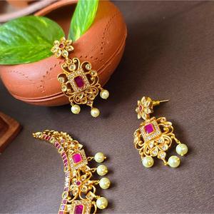 Rose Gold Plated Women's Wedding Moissanite Floral Necklace and Earring Set - Product Image 2