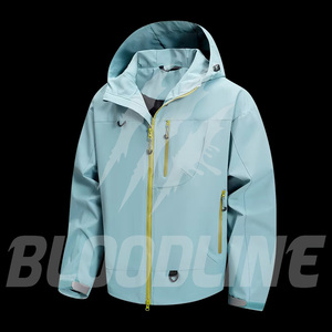Light Blue Hooded <b>Jacket</b> Full Sleeve Windproof Unisex Winter Wear Printed Polyester Coat - Product Image 1