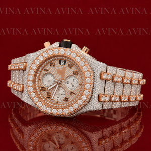 Luxury Iced Out Rose Gold <b>Chronograph</b> Watch for Men Full Diamond Hip Hop Stainless Steel Quartz Wristwatch Custom Logo - Product Image 5